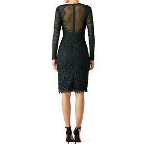 $695 Monique Lhuillier Emerald Green Lace Appliqué Sheath Party Dress Size 0 XS